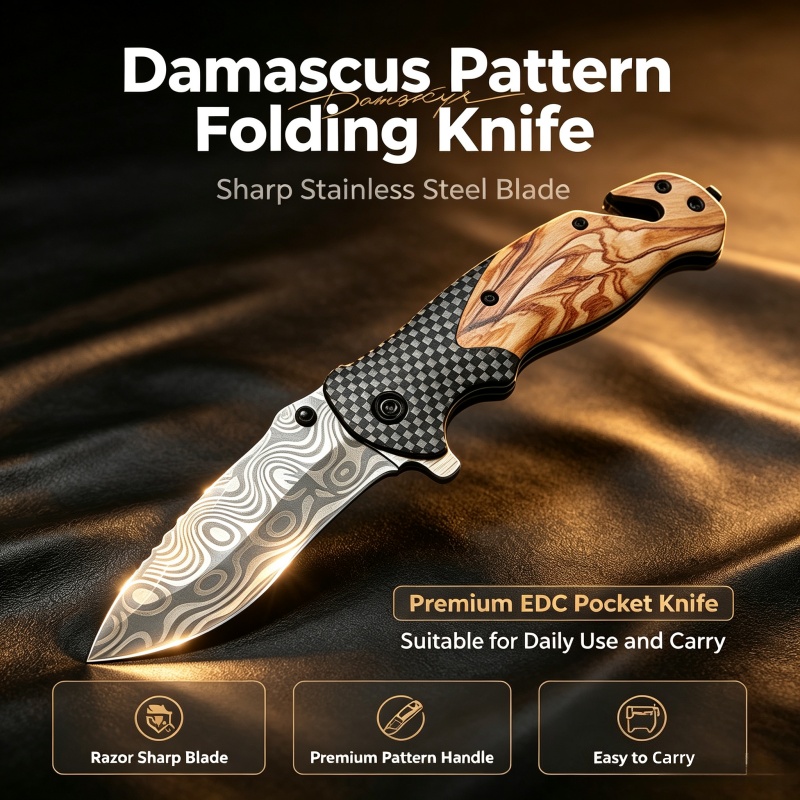 Edc Concealed Carry Knife - Coltello Pieghevole con Motivo Damascato, Lama